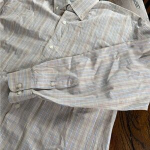 Hickey Freeman Beige and Blue Plaid Dress‎ Shirt L